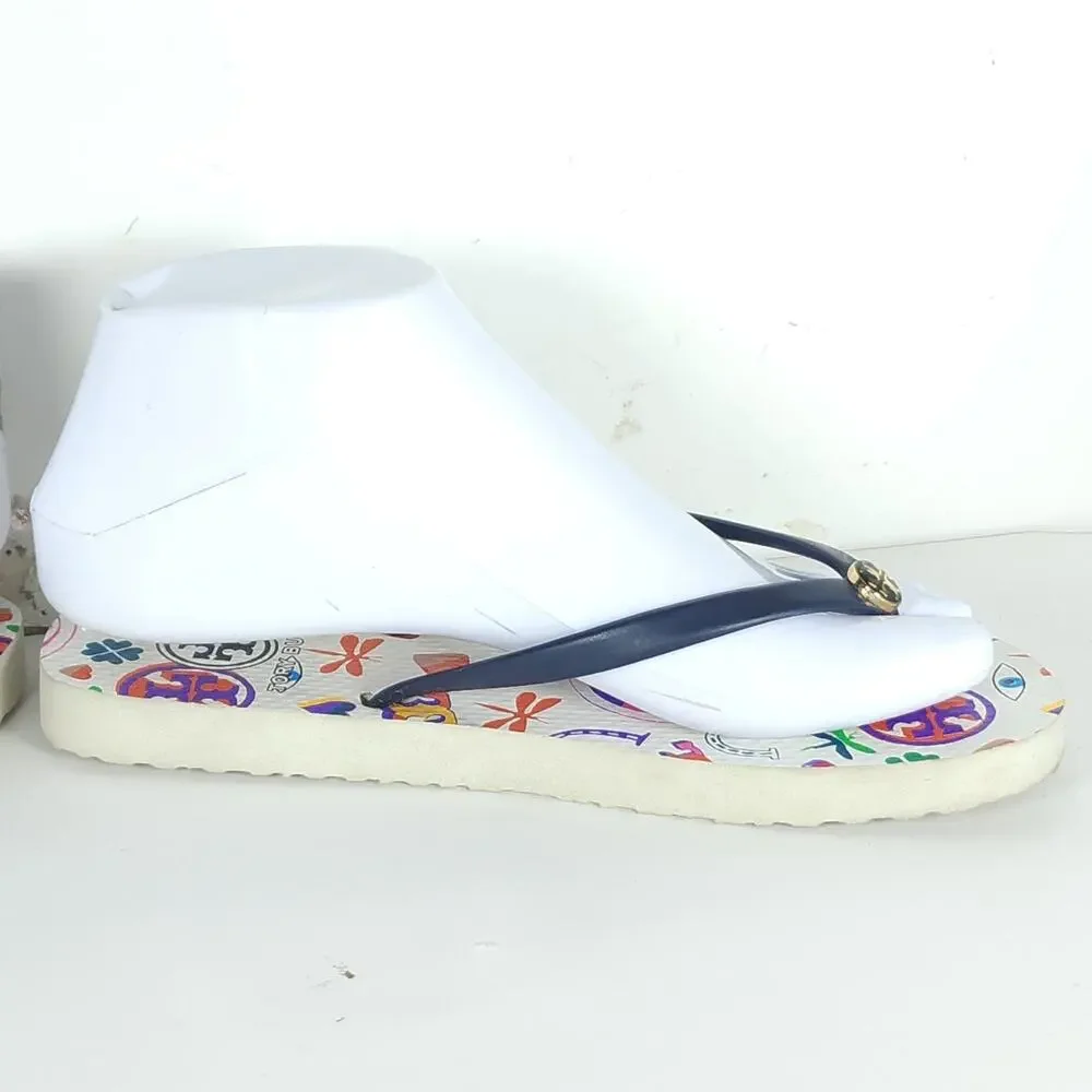 Tory Burch Women’s US6M Blue White Graphic Logo Flip Flop Thong Sandals